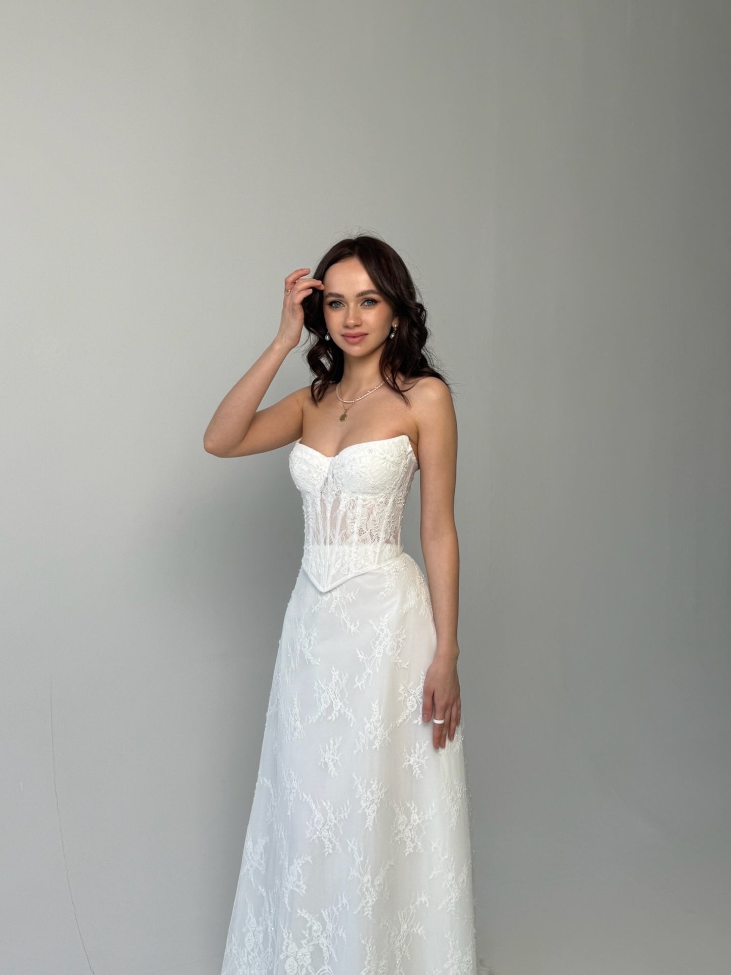 Delicate Lace Corset Bridal Gown, Chic Bridal Set, Basque Lace Corset Wedding Set
