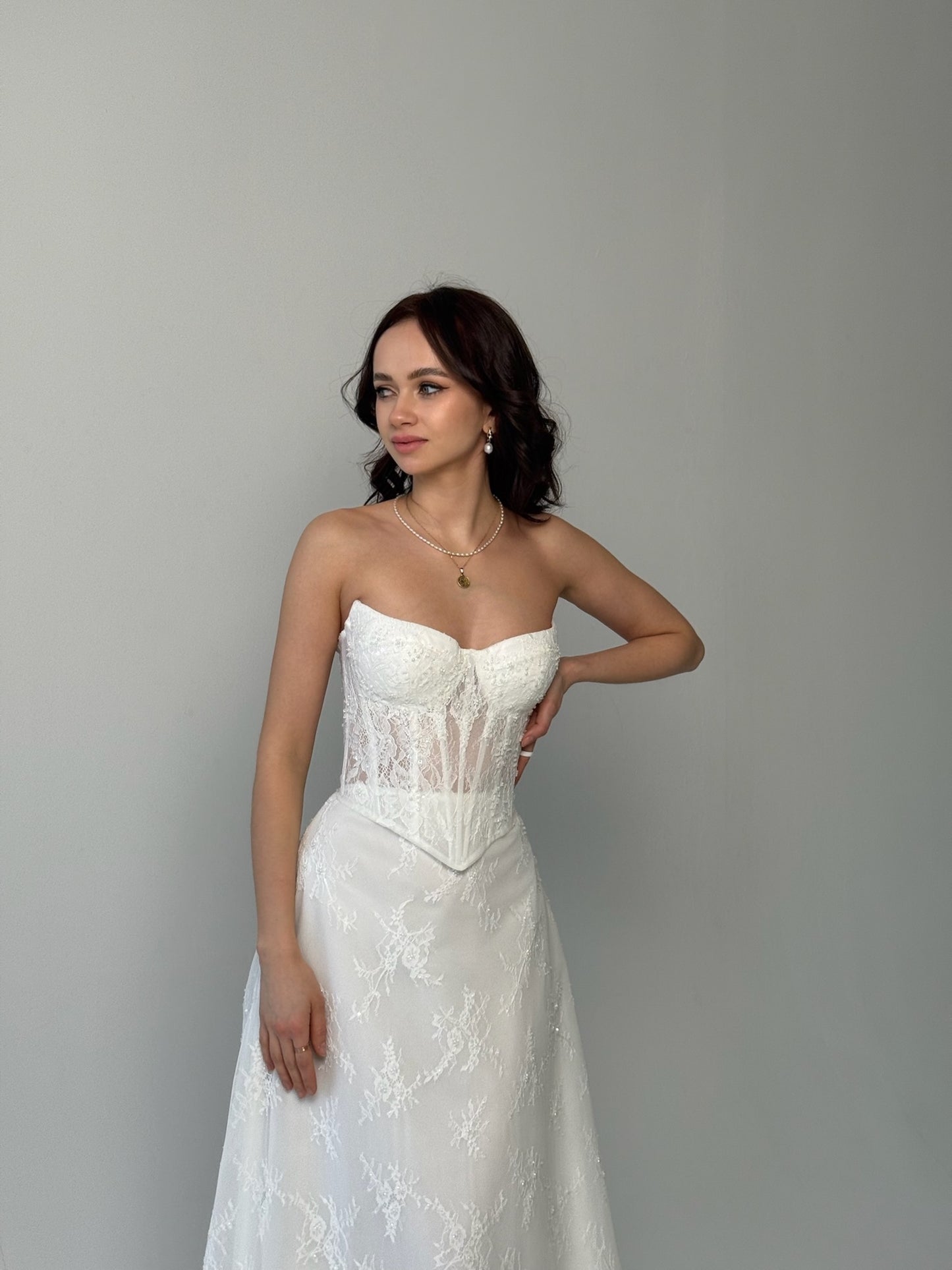 Delicate Lace Corset Bridal Gown, Chic Bridal Set, Basque Lace Corset Wedding Set