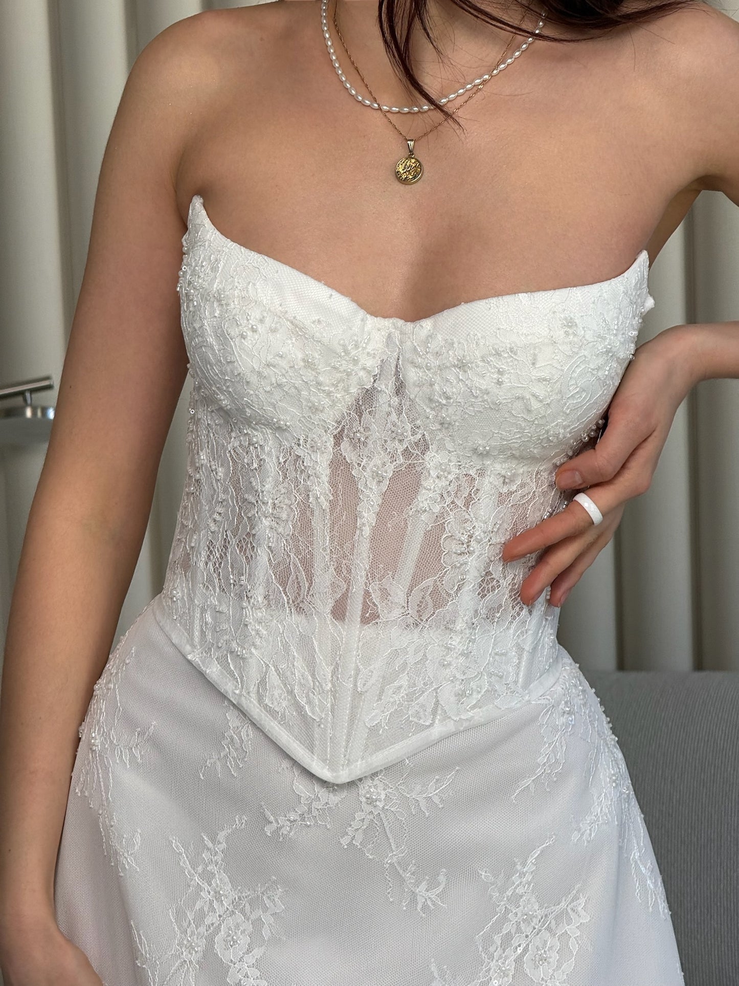 Delicate Lace Corset Bridal Gown, Chic Bridal Set, Basque Lace Corset Wedding Set