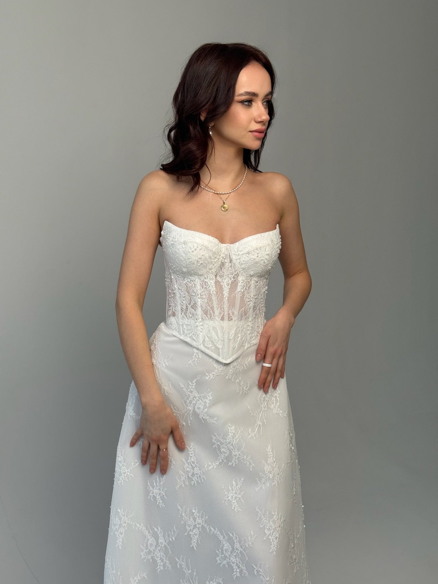 Delicate Lace Corset Bridal Gown, Chic Bridal Set, Basque Lace Corset Wedding Set
