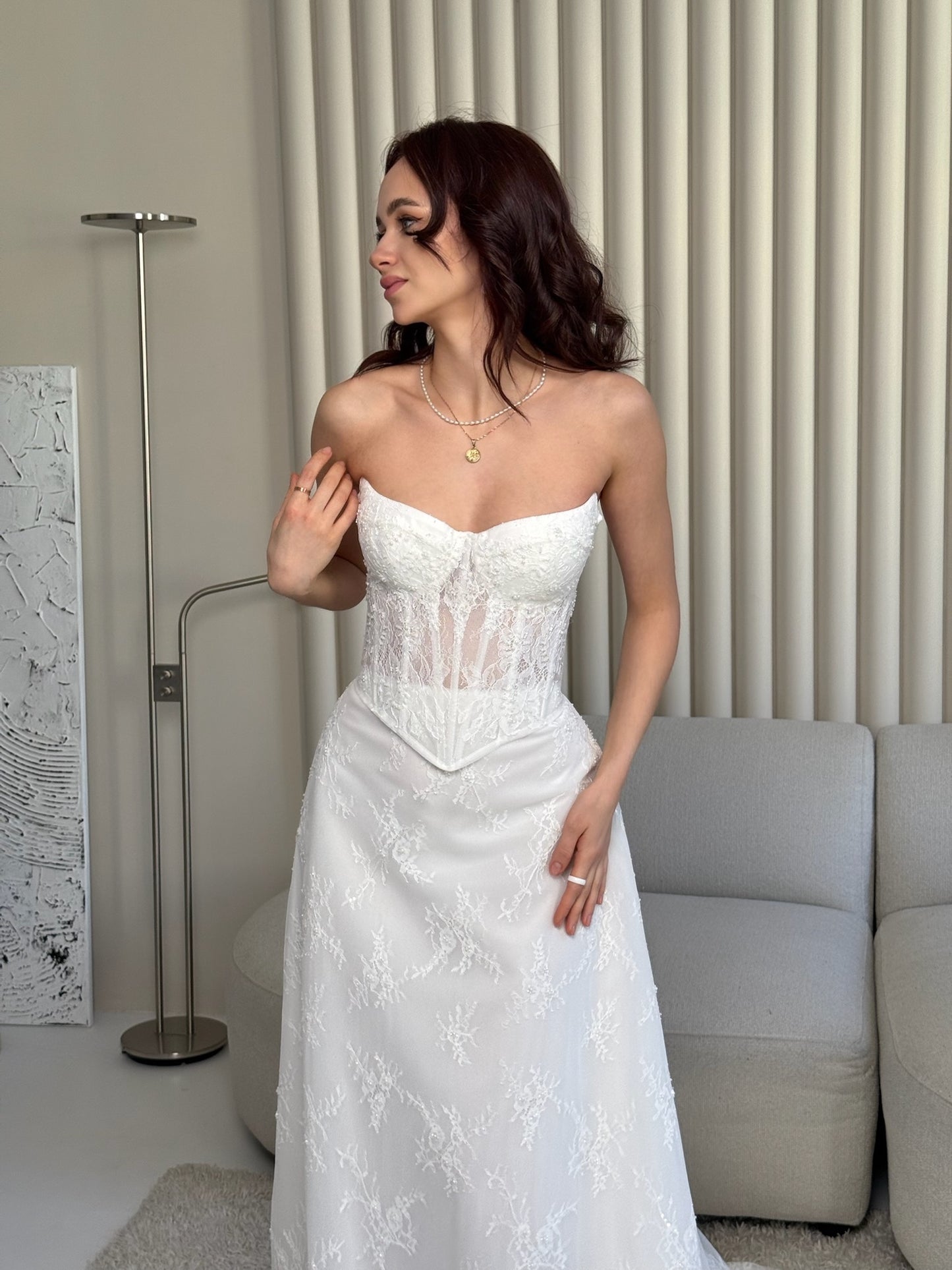 Delicate Lace Corset Bridal Gown, Chic Bridal Set, Basque Lace Corset Wedding Set