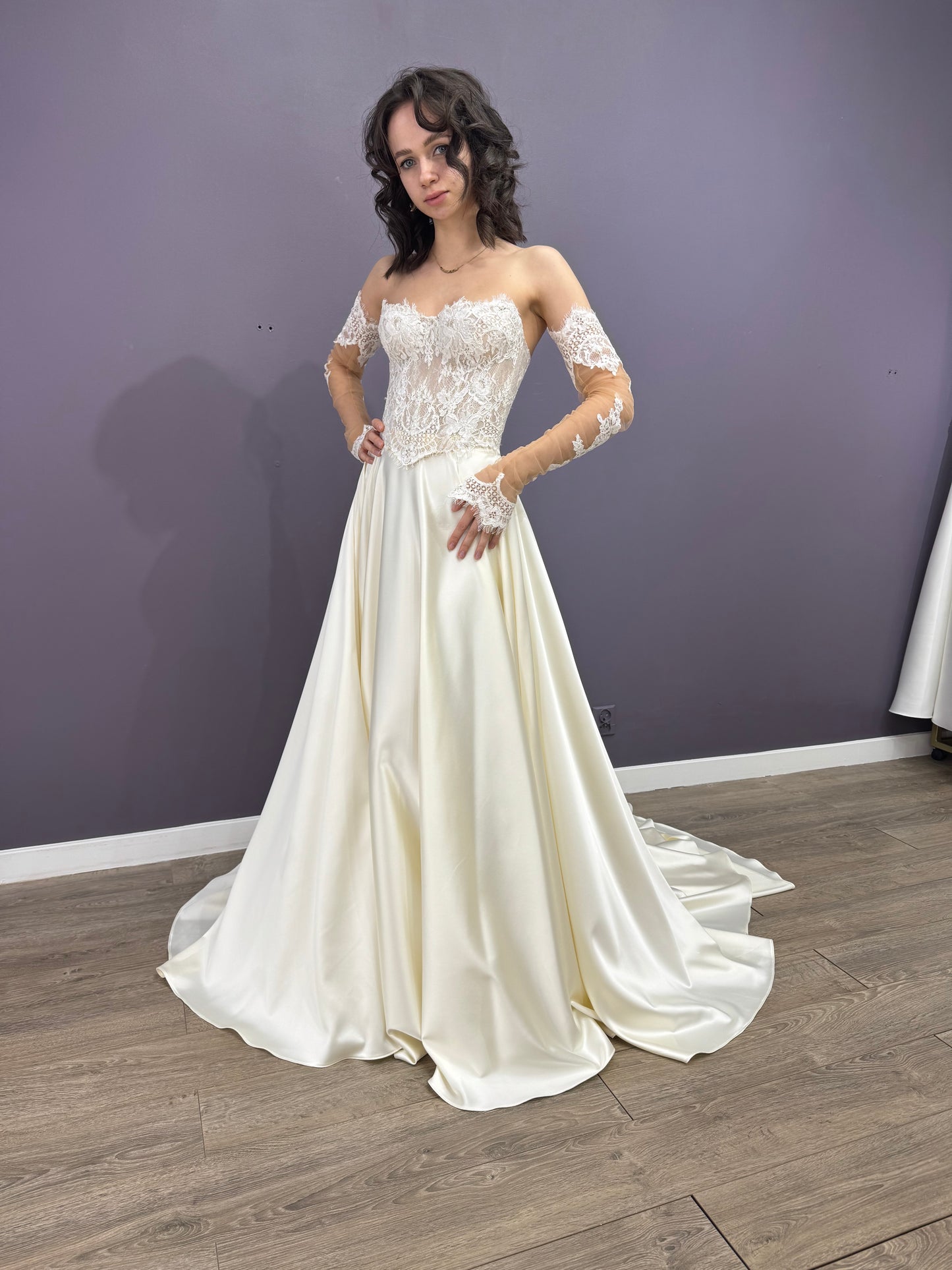 Delicate Lace Corset Bridal Gown, Bridal Two-Piece Set, Chic Silk Satin Bridal Gown, Lace Sleeves Bridal