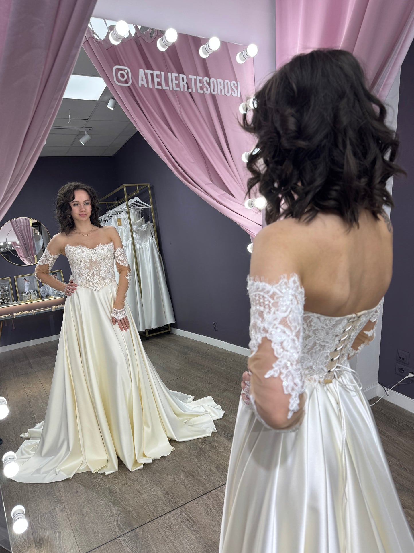 Delicate Lace Corset Bridal Gown, Bridal Two-Piece Set, Chic Silk Satin Bridal Gown, Lace Sleeves Bridal