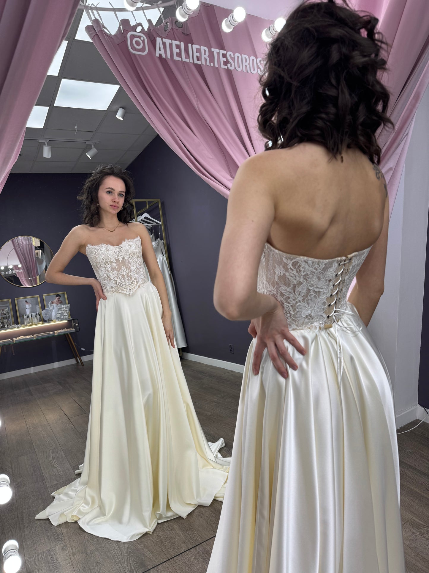 Delicate Lace Corset Bridal Gown, Bridal Two-Piece Set, Chic Silk Satin Bridal Gown, Lace Sleeves Bridal