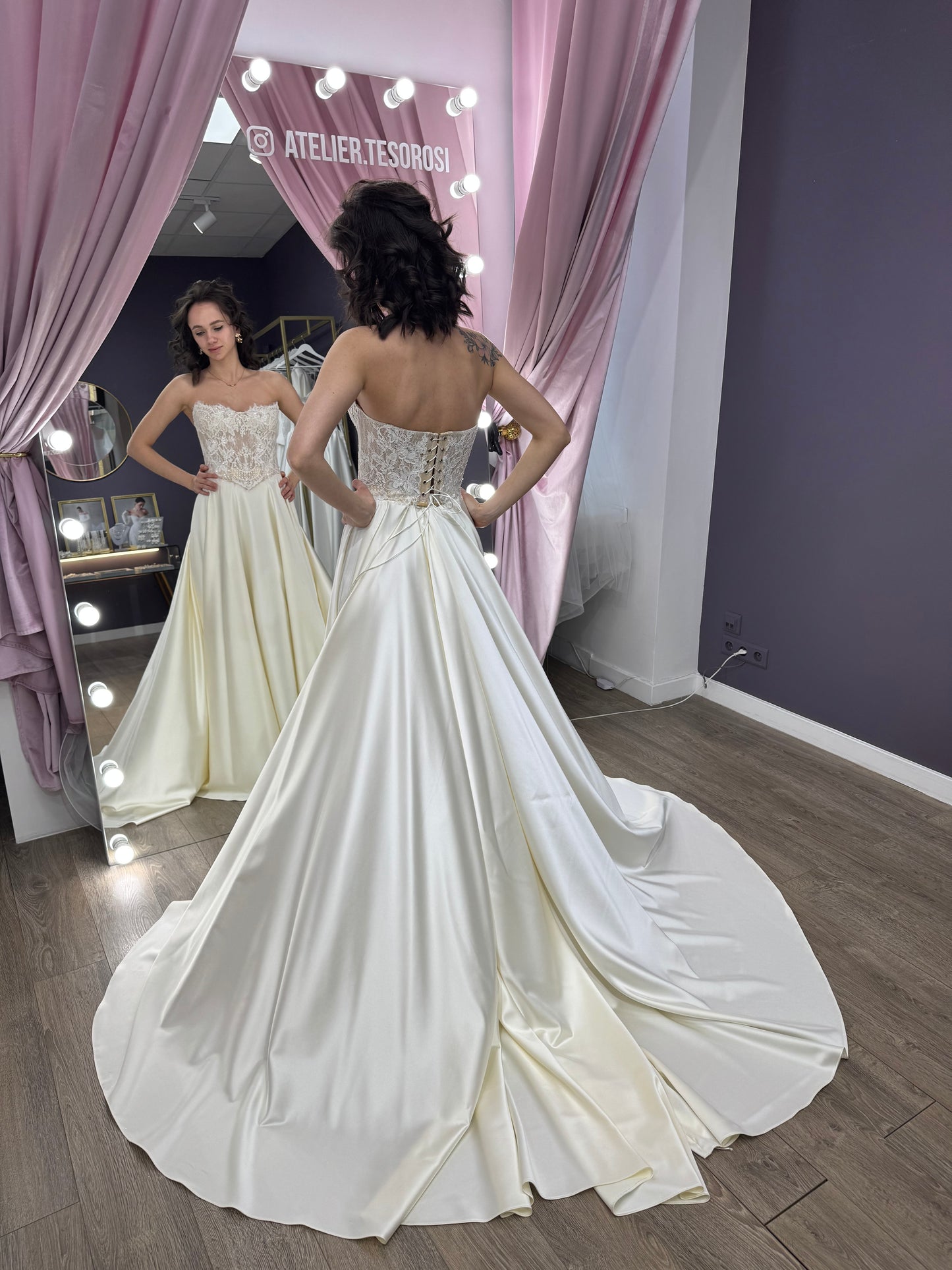 Delicate Lace Corset Bridal Gown, Bridal Two-Piece Set, Chic Silk Satin Bridal Gown, Lace Sleeves Bridal