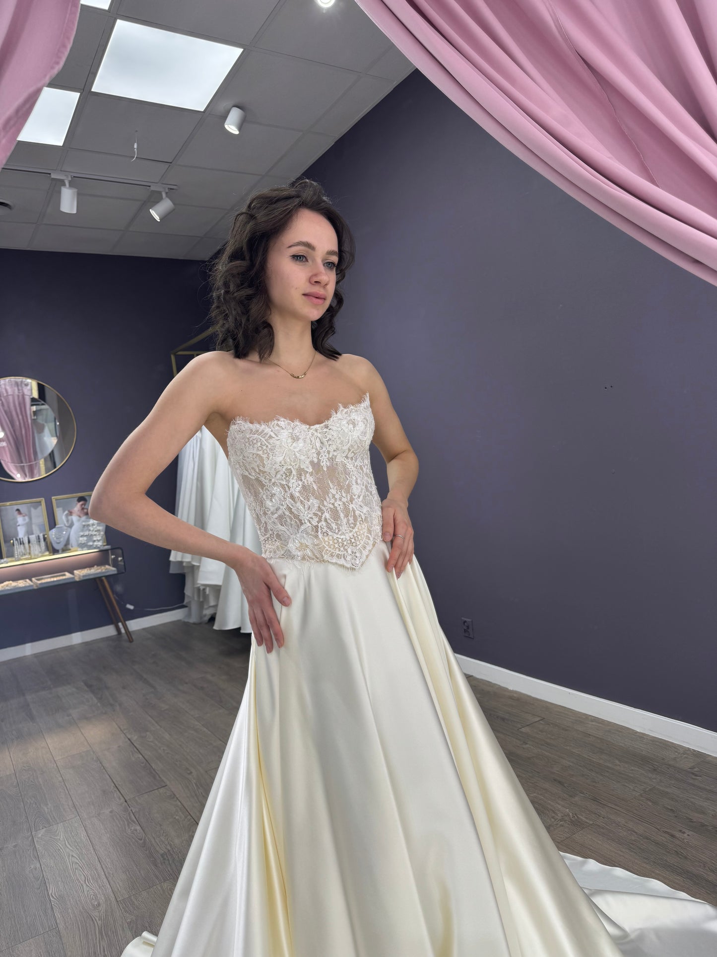 Delicate Lace Corset Bridal Gown, Bridal Two-Piece Set, Chic Silk Satin Bridal Gown, Lace Sleeves Bridal