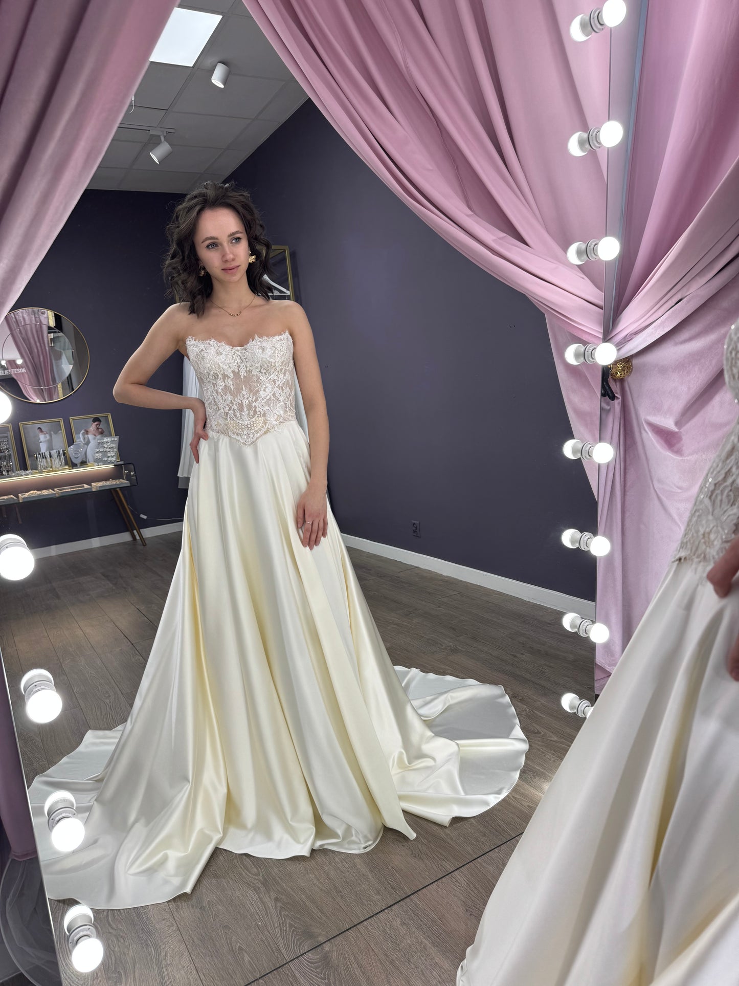 Delicate Lace Corset Bridal Gown, Bridal Two-Piece Set, Chic Silk Satin Bridal Gown, Lace Sleeves Bridal