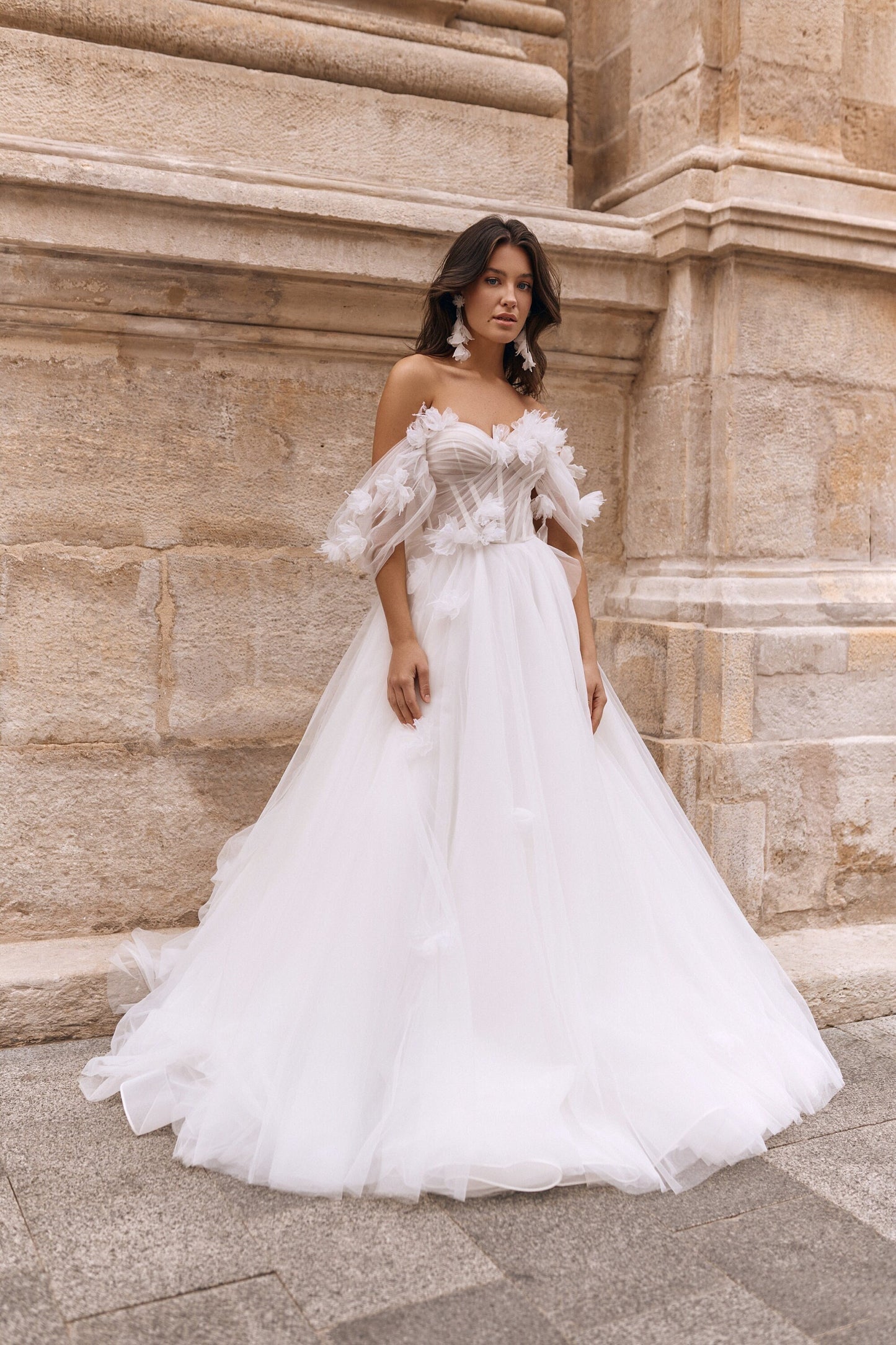 A-line Luxurious Floral Wedding Dress, Off-Shoulder Sleeves, Floral Appliques Corset Tulle Bridal Gown, Romantic Bridal Gown, Beach Wedding