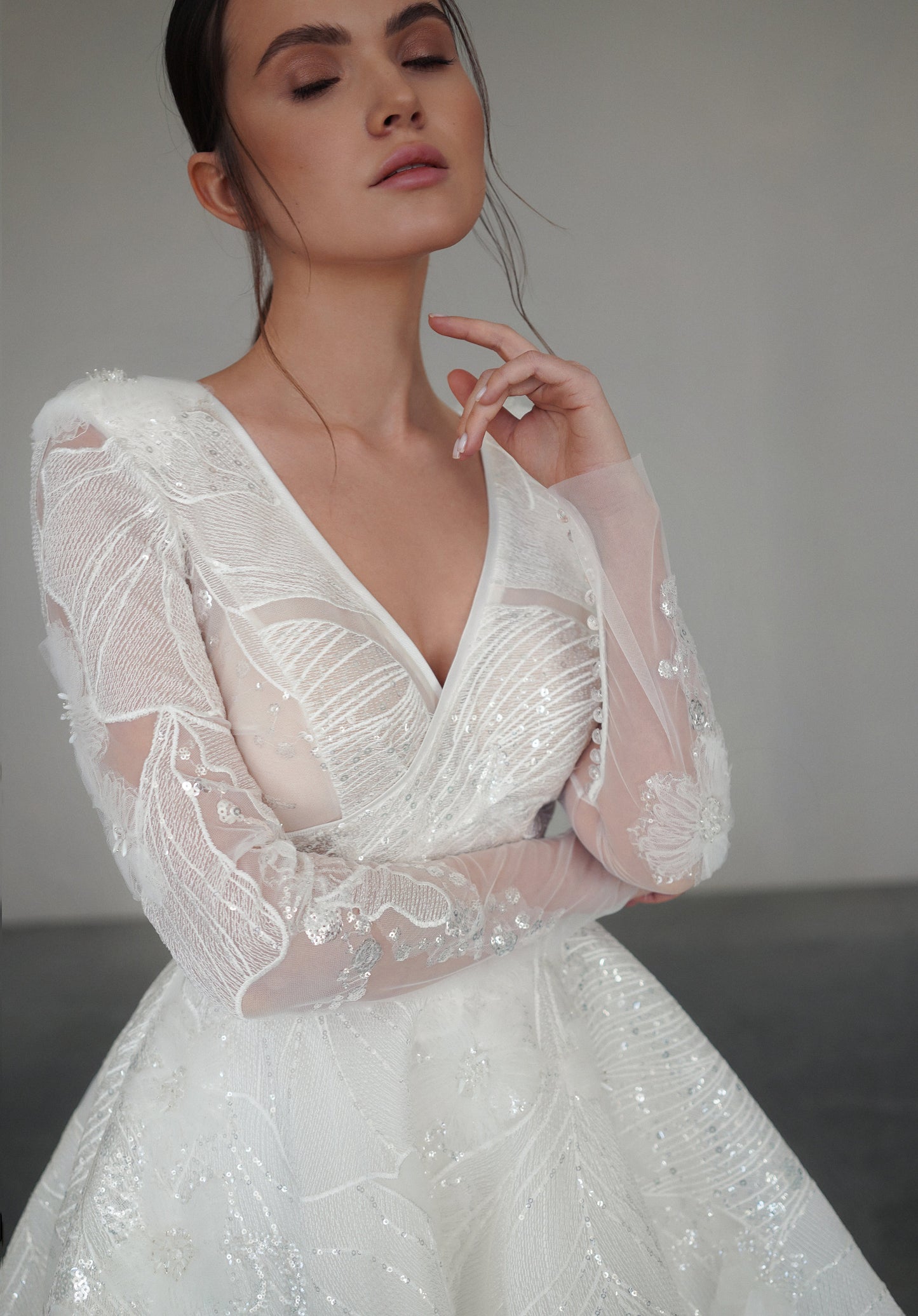 Elegant A-line with V-neck Lace Wedding Dress, Luxury Sparkly Lace Wedding Gown with Long Sleeves, Royal Shimmery Princess Bridal Gown