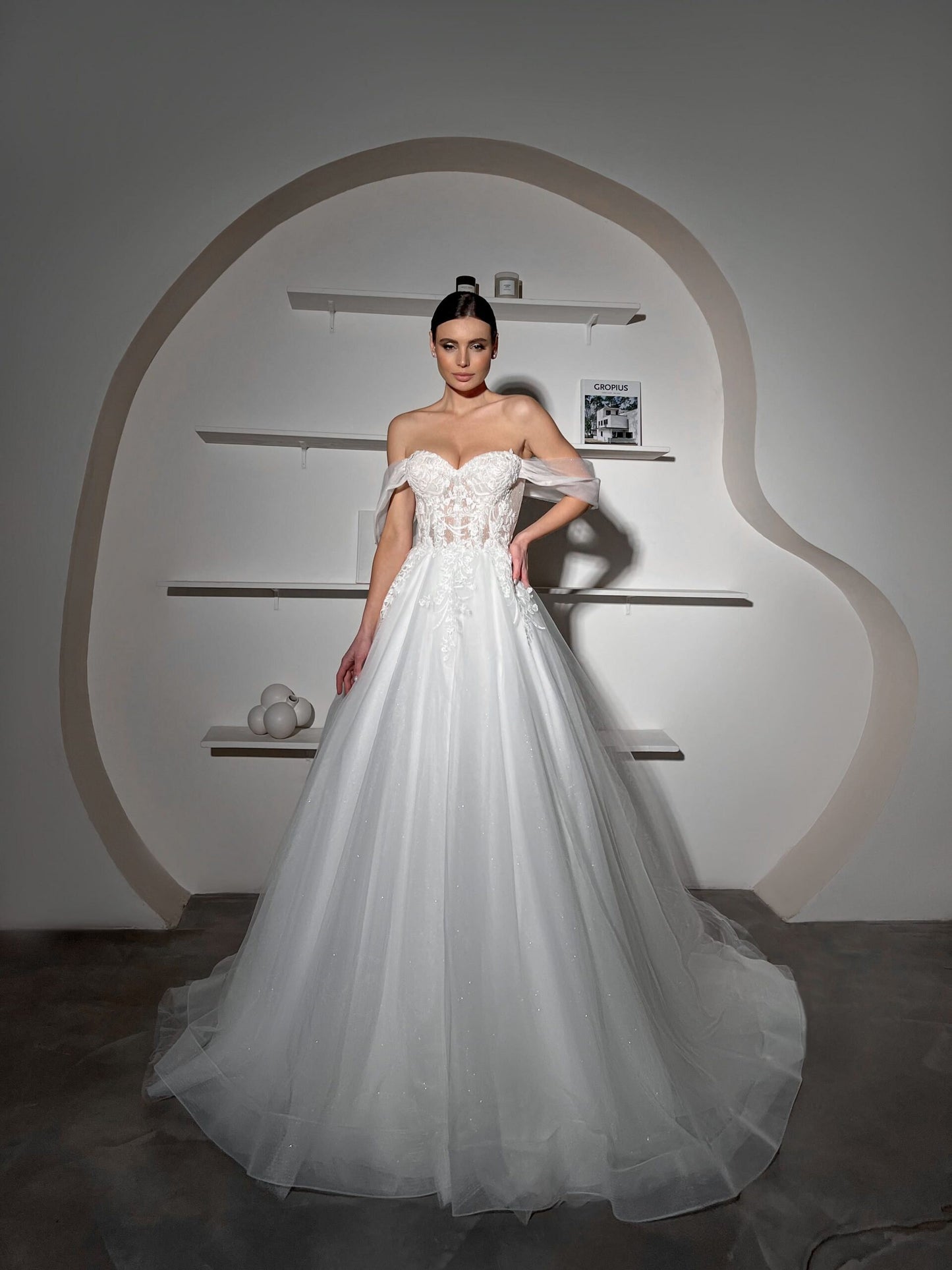 Wedding A-Line Light Enchanted Off-Shoulder Tulle Bridal Gown with Floral Embellishments and Sheer Overlay, Lace corset