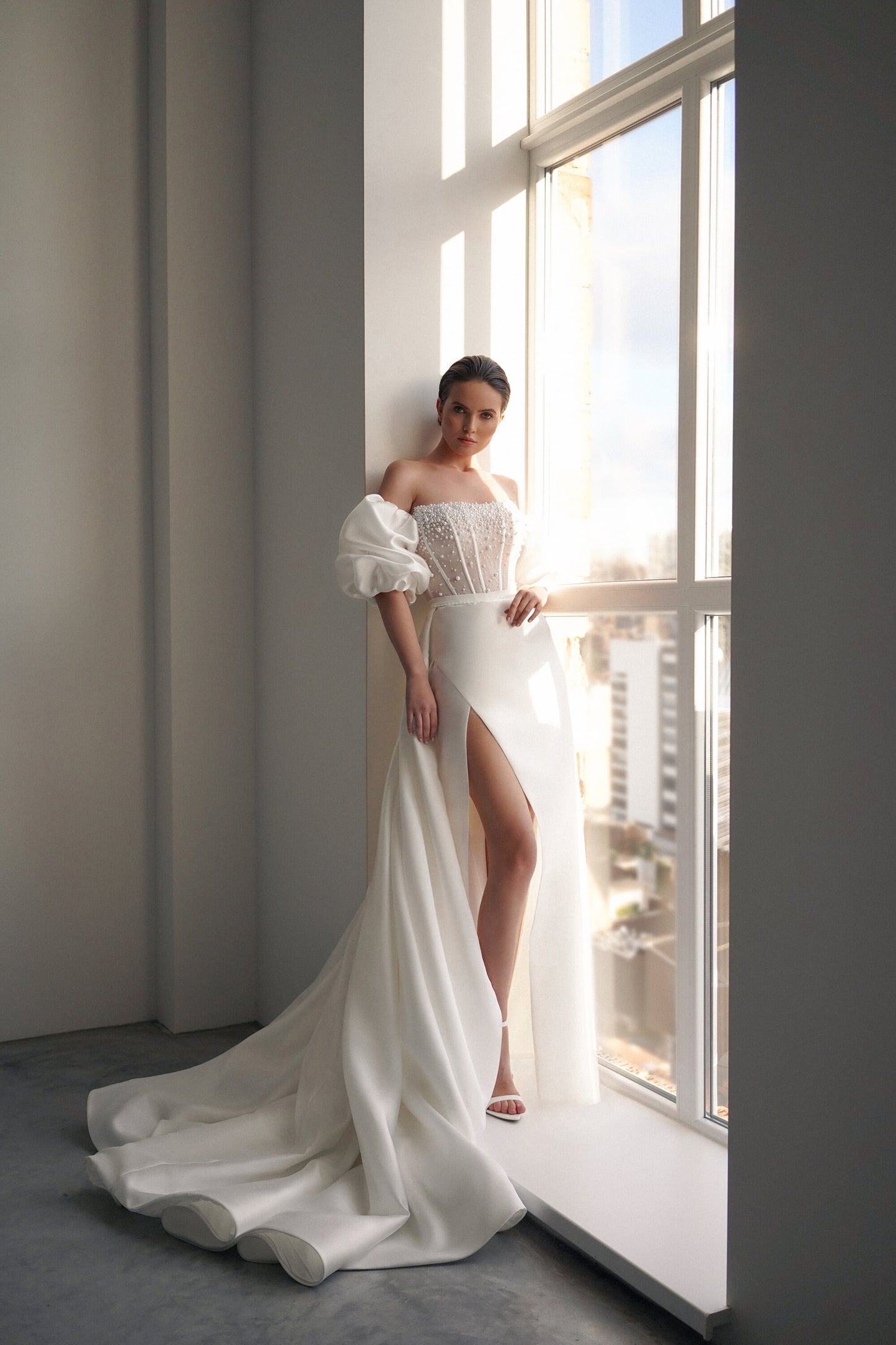 Pearl Beaded Bridal Gown, Removable Puffy Sleeves, Leg Slit Modern Elegant Wedding Gown, Elopement Dress