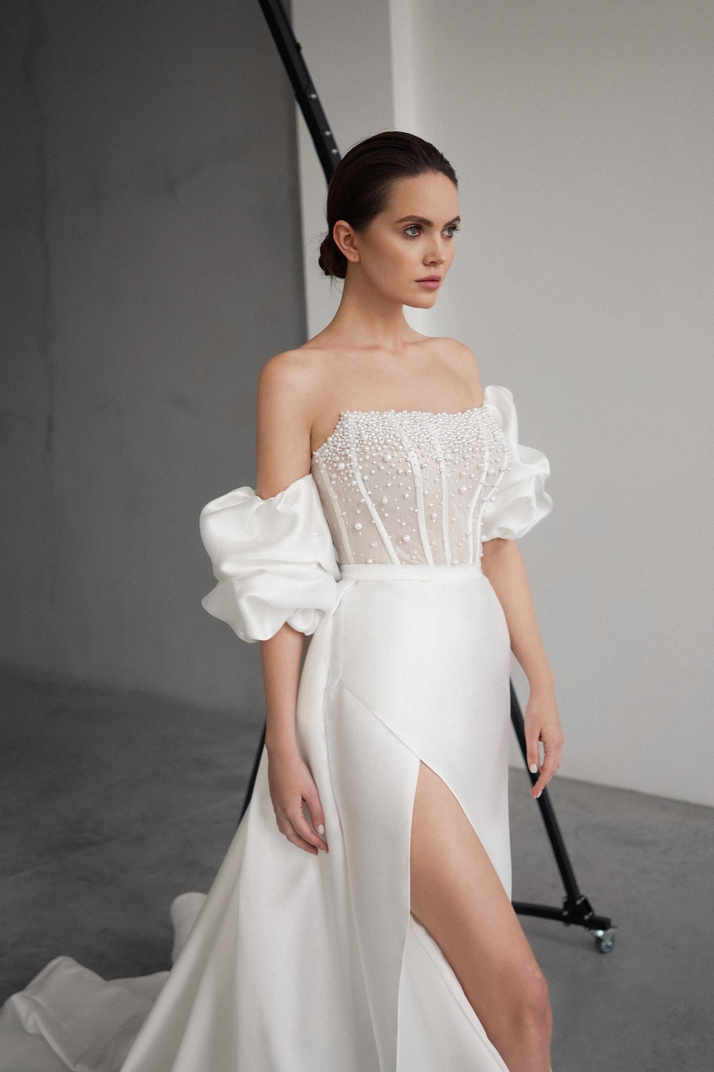 Pearl Beaded Bridal Gown, Removable Puffy Sleeves, Leg Slit Modern Elegant Wedding Gown, Elopement Dress