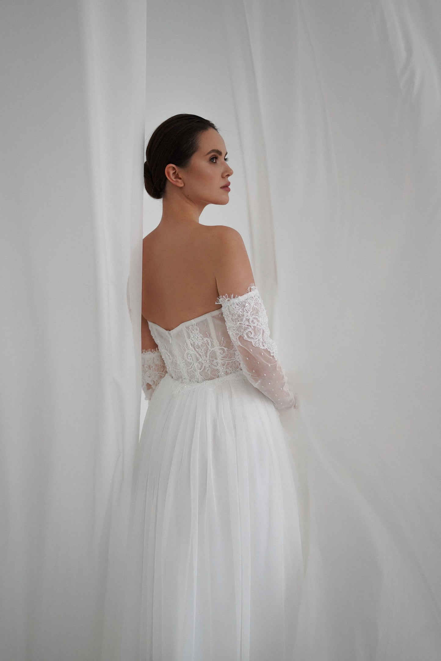 Off Shoulder Lace A-Line Wedding Dress, Tulle Leg Slit Skirt Wedding Dress, Fairytale Romantic Bridal Lace Gown, Long Lace Sleeves Bridal