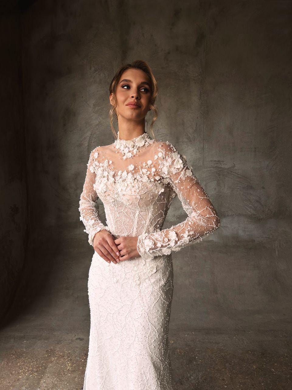 Lace Open Back Mermaid Floral Wedding Gown, Sweetheart Lace Corset Wedding Dress, Drop Waist Long Lace Sleeves Bridal Gown