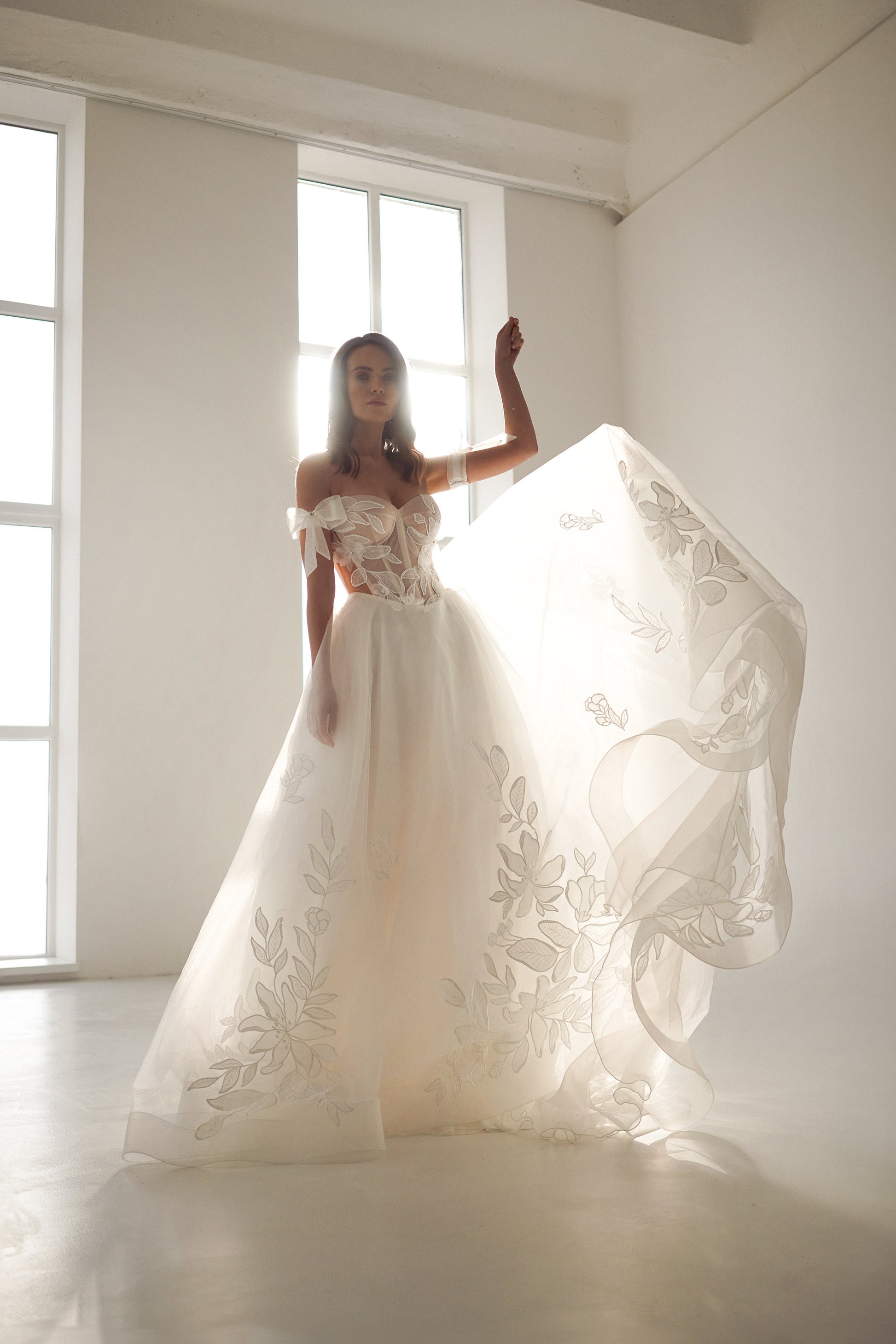 A-line Floral Lace Luxurious Wedding Dress, Drop Waist Corset, Tulle S Tesoro Si NYC A-line Floral Lace Luxurious Wedding Dress, Drop Waist Corset, Tulle S Tesoro Si NYC