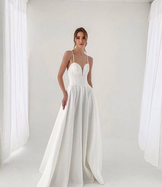 Modern Satin A-Line Wedding Dress, Spaghetti Straps, Open Back Wedding Dress, Modern Romantic Wedding Dress, Elegant Wedding Dress