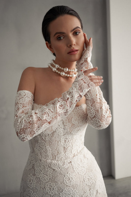 Exquisite Lace Mermaid Wedding Gown, Sweetheart Lace Corset Wedding Dress, Off Shoulder Floral Lace Wedding Dress, Long Lace Sleeves Bridal