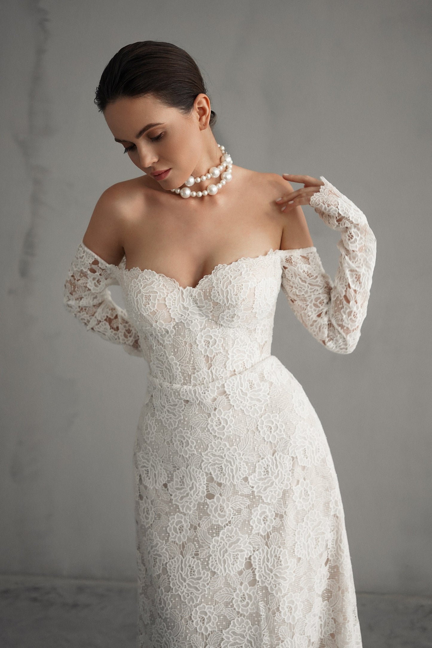 Exquisite Lace Mermaid Wedding Gown, Sweetheart Lace Corset Wedding Dress, Off Shoulder Floral Lace Wedding Dress, Long Lace Sleeves Bridal