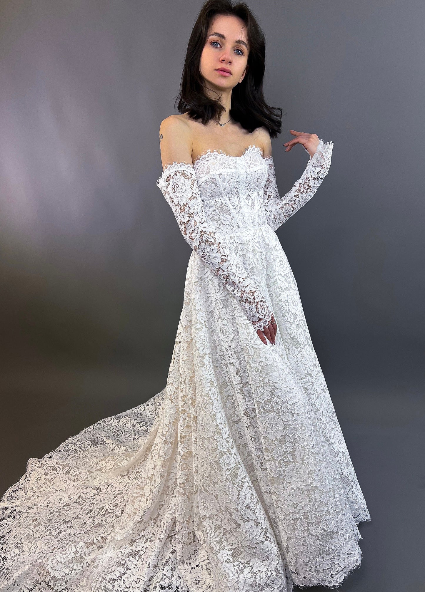 Off the Shoulder Lace A-Line Wedding Dress, All Floral Lace Wedding Dress, Fairytale Romantic Bridal Lace Gown, Long Lace Sleeves Bridal