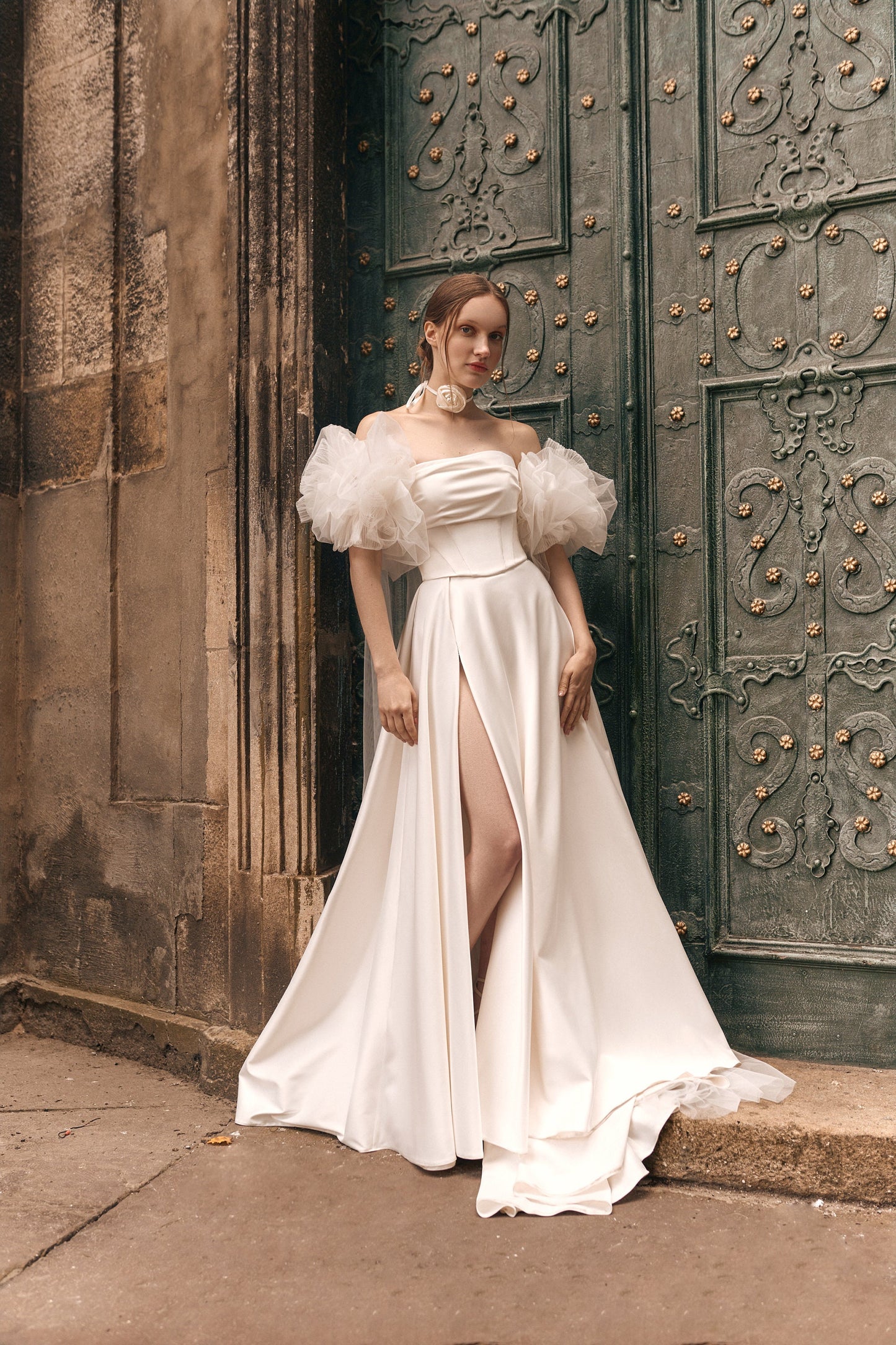 Royal Satin Wedding Dress with a Leg Slit, Long Train Satin Wedding Dress, Bohemian Classic Wedding Dress, V-Corset Wedding Dress