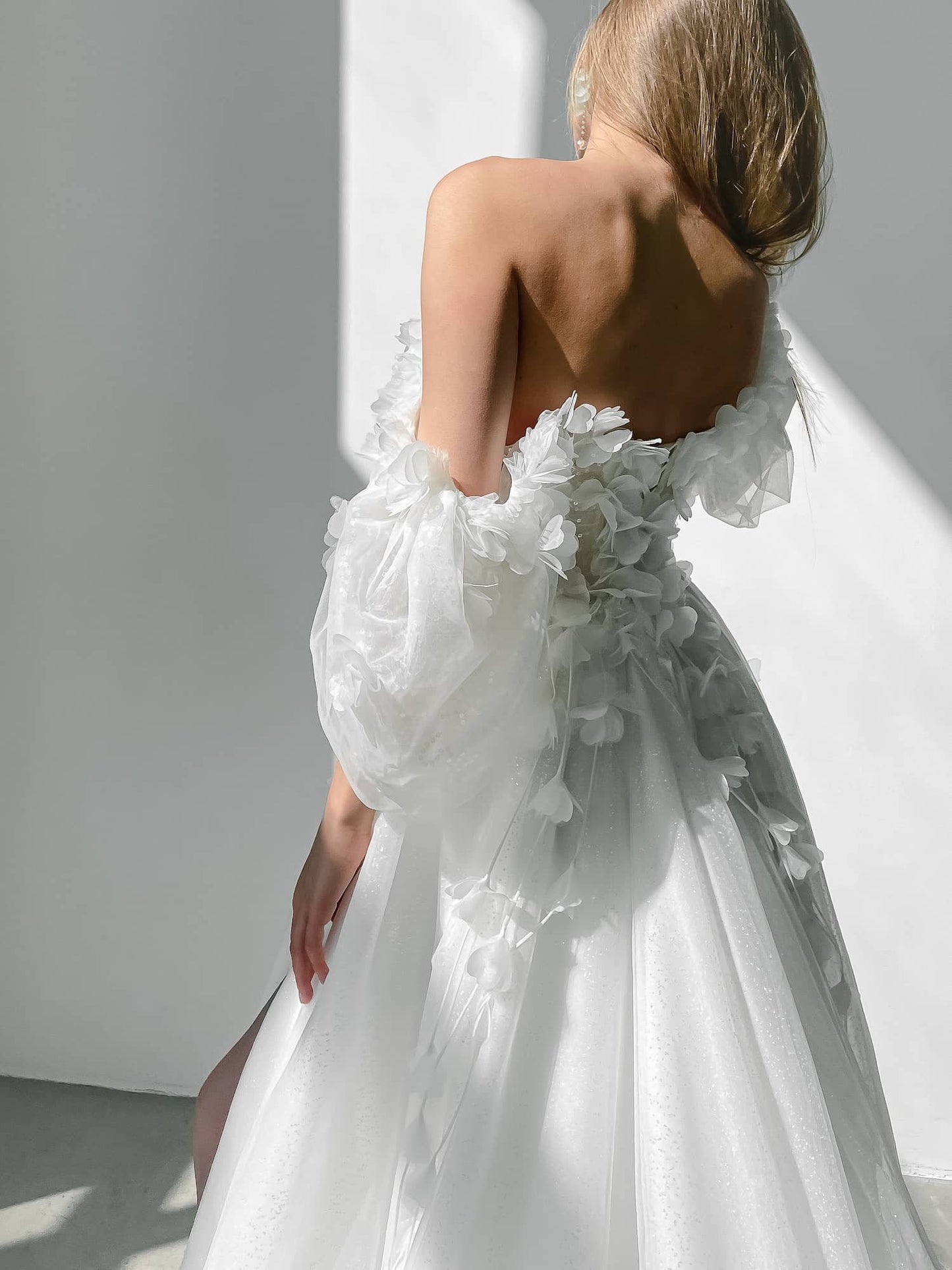 A-line Shimmering Floral Wedding Dress, Deep V-neck, Off-Shoulder Sleeves Decorated with 3D Flower Embroidery, Tulle Bridal Gown