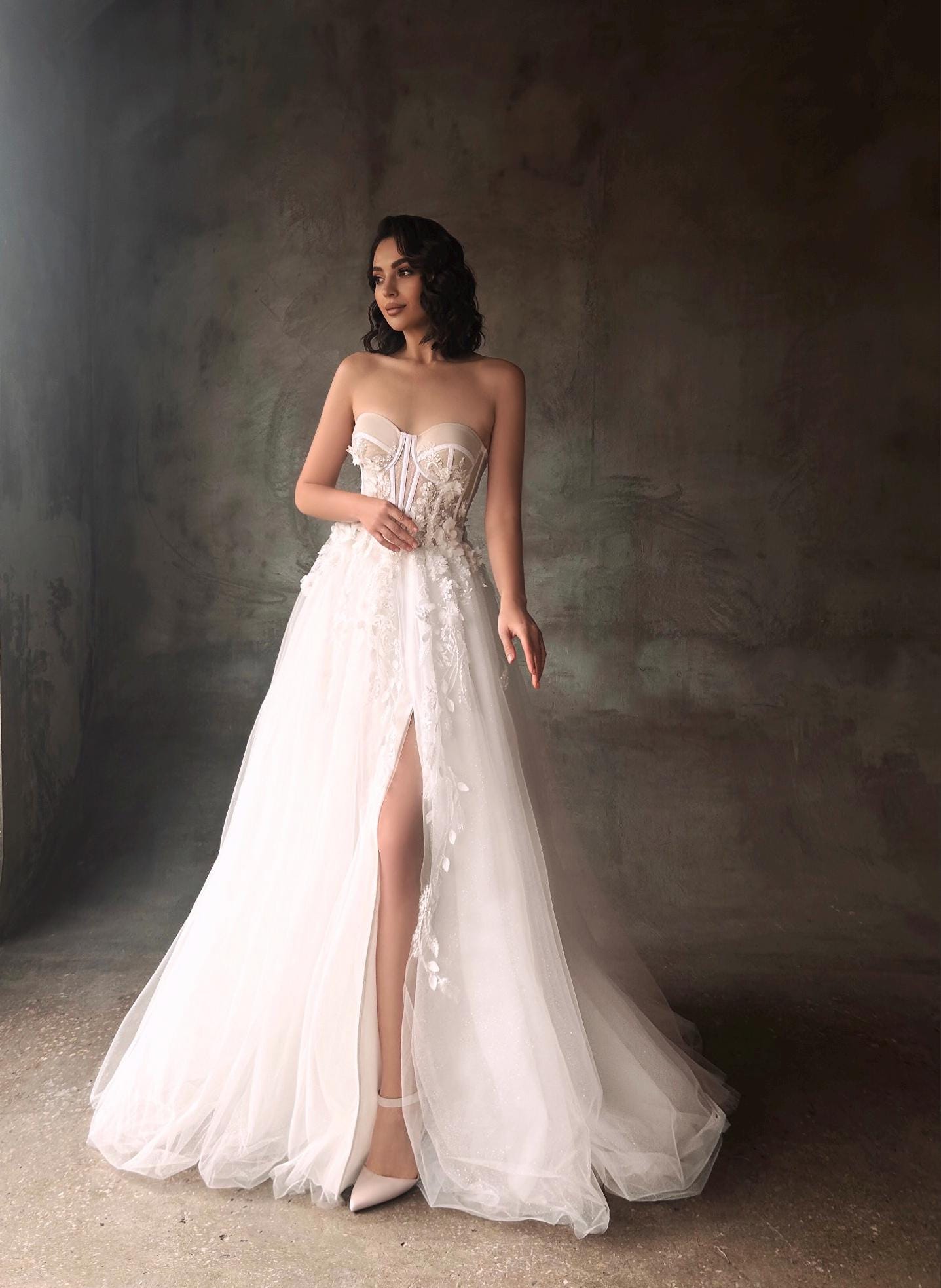 Ethereal A-line Floral Bridal Gown with Luxurious Train, Hand-Embroidered Bodice, Off-Shoulder Elegant Wedding Gown, Romantic Wedding Dress