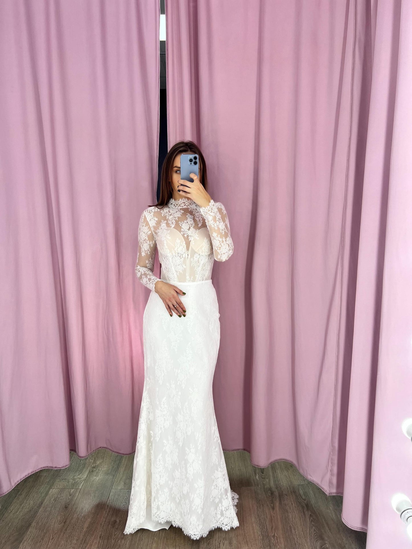 Elegant All Lace Mermaid Wedding Dress with Long Satin Overskirt, Long Lace Sleeves Sheath Wedding Dress, Romantic Delicate Wedding Dress