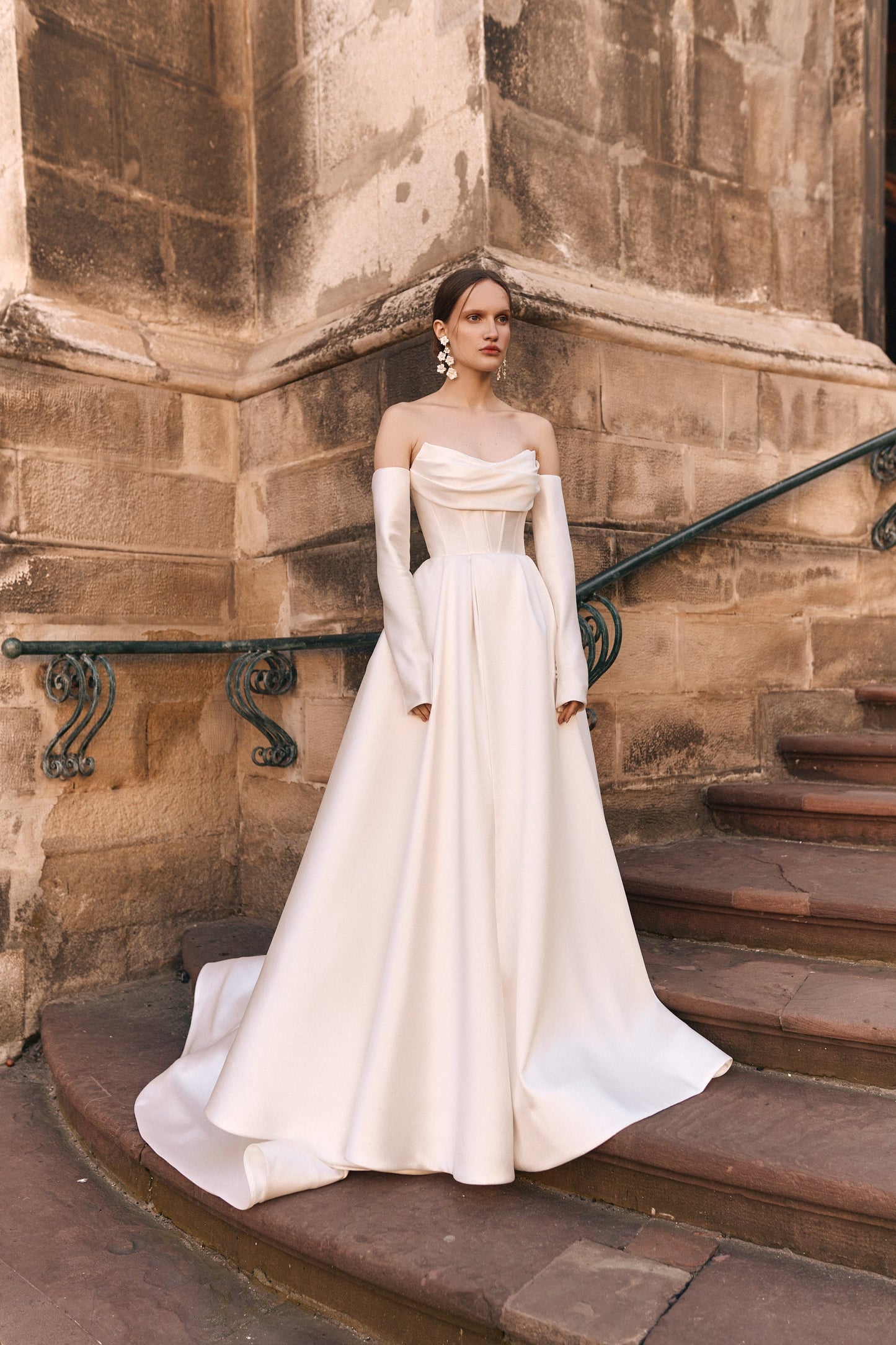 A-line Elegant Wedding Dress, Modern Satin Bridal Gown with Long Train, Luxury Wedding Dress, Detachable Long Sleeves and Draped Corset