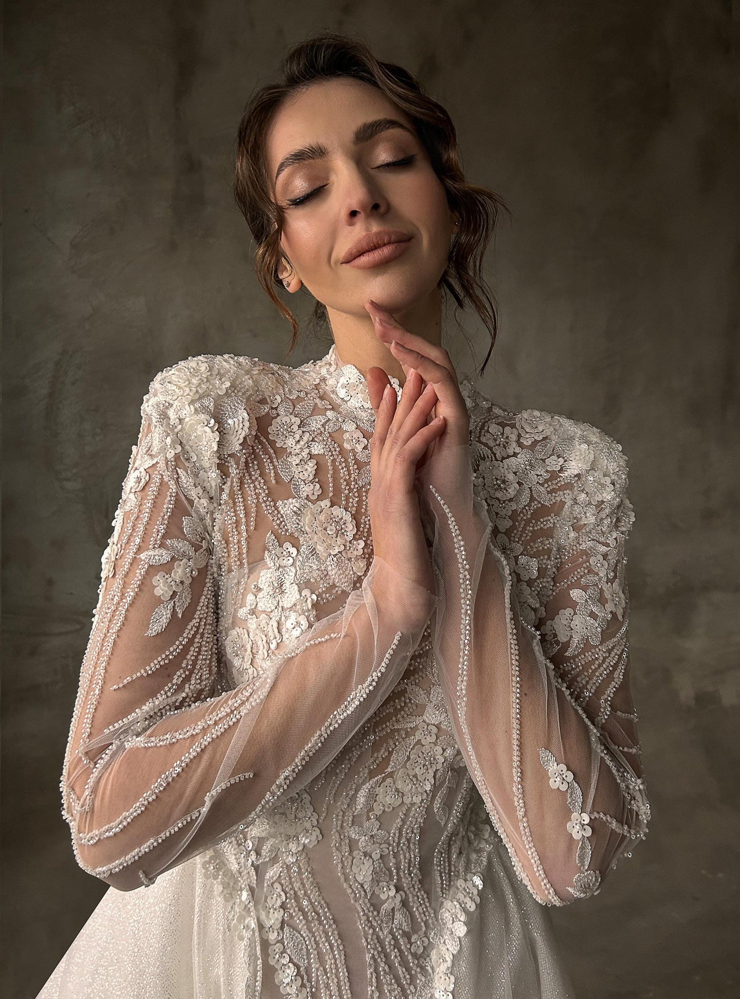 Dramatic Luxurious Shimmer Bridal Gown, Lace Elegant Bohemian Wedding Dres, Sleek Graceful Bridal Dress, Long Sleeve Drama Wedding Dress