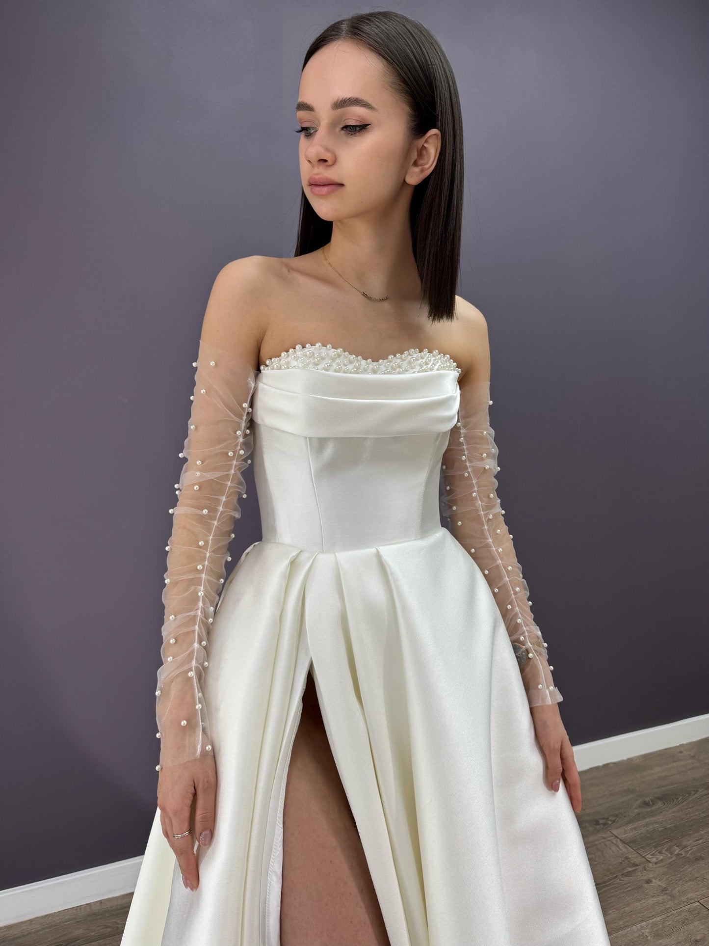 Elegant Off Shoulder Wedding Dress, Satin Wedding Dress, A-Line Bridal Gown, Minimalist Simple Wedding Dress, Bracelet Sleeves Wedding Dress