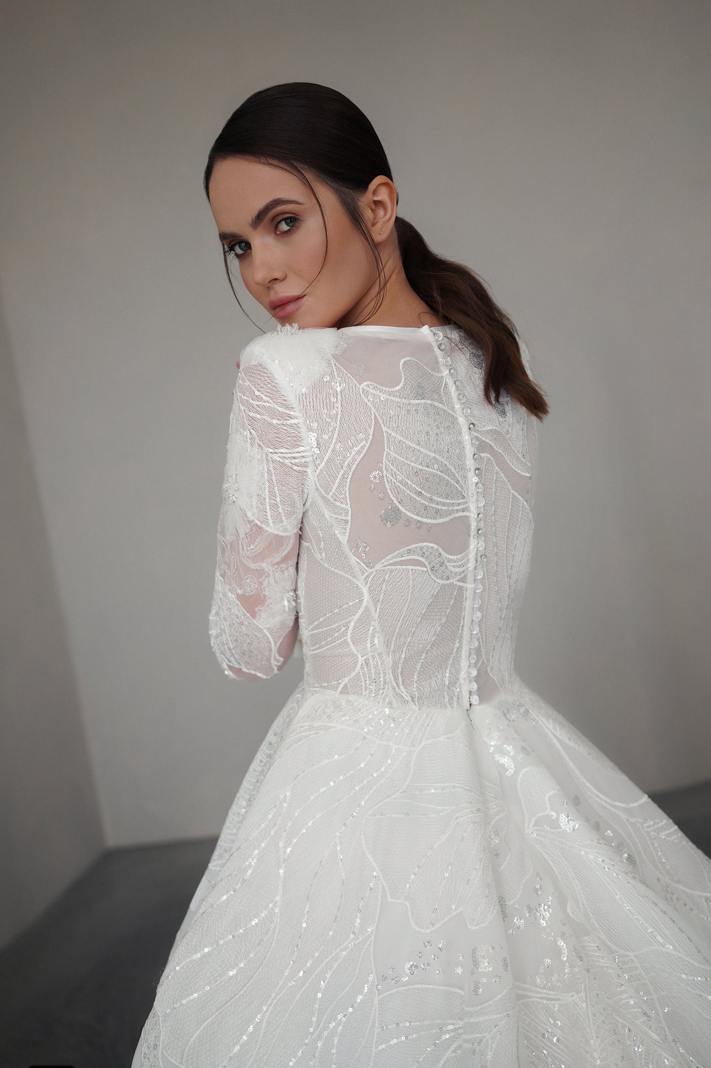 Elegant A-line with V-neck Lace Wedding Dress, Luxury Sparkly Lace Wedding Gown with Long Sleeves, Royal Shimmery Princess Bridal Gown