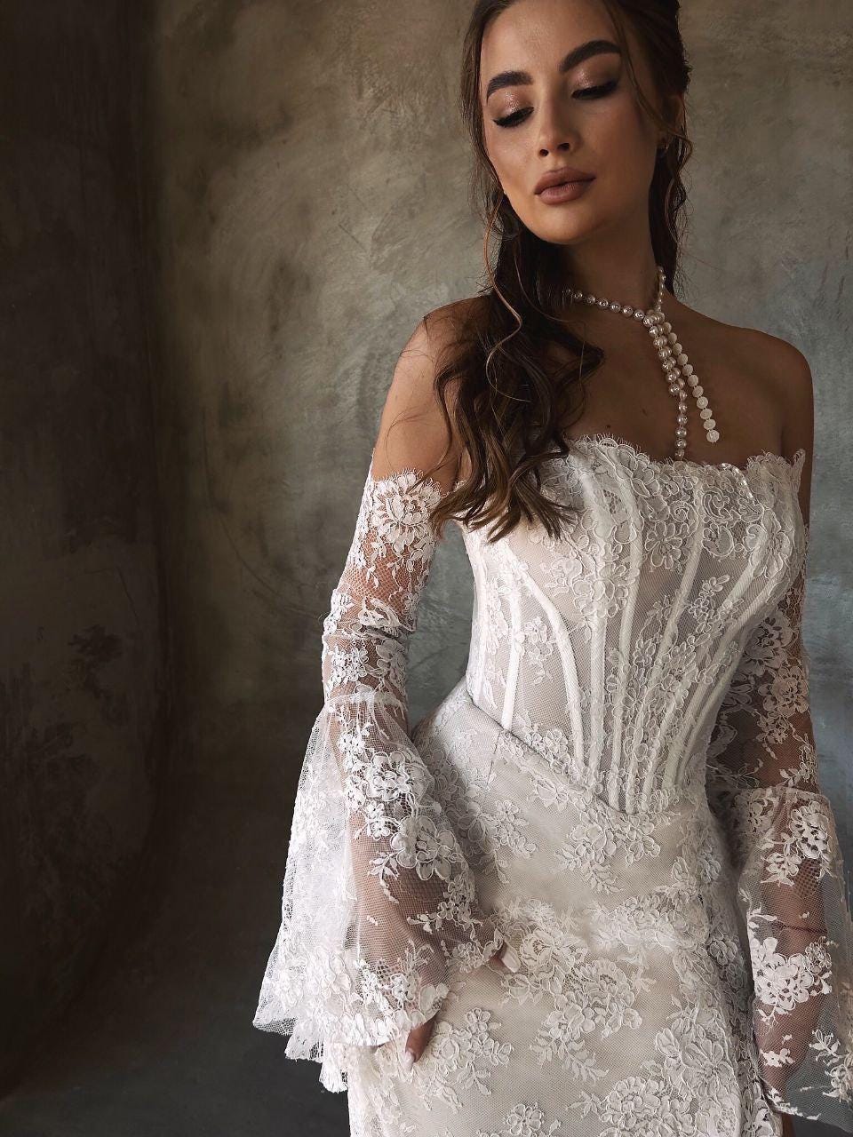 Lace Mermaid Wedding Gown, Sweetheart Lace Boned Corset Wedding Dress, Off Shoulder Floral Lace Wedding Dress, Long Lace Sleeves Bridal Gown